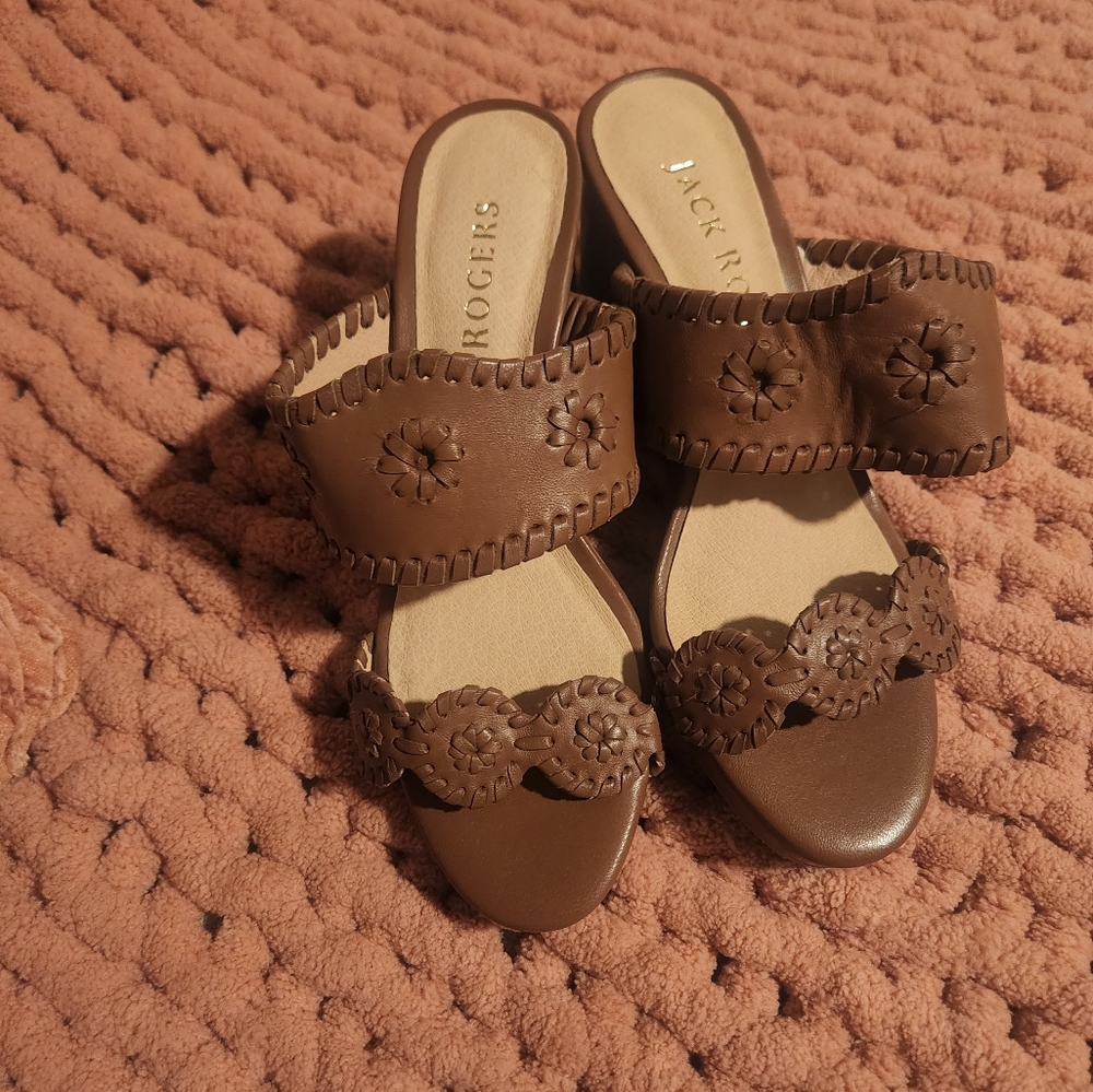 Jack Rogers Brown Leather Floral Cutout Double-Strap Slide Sandals